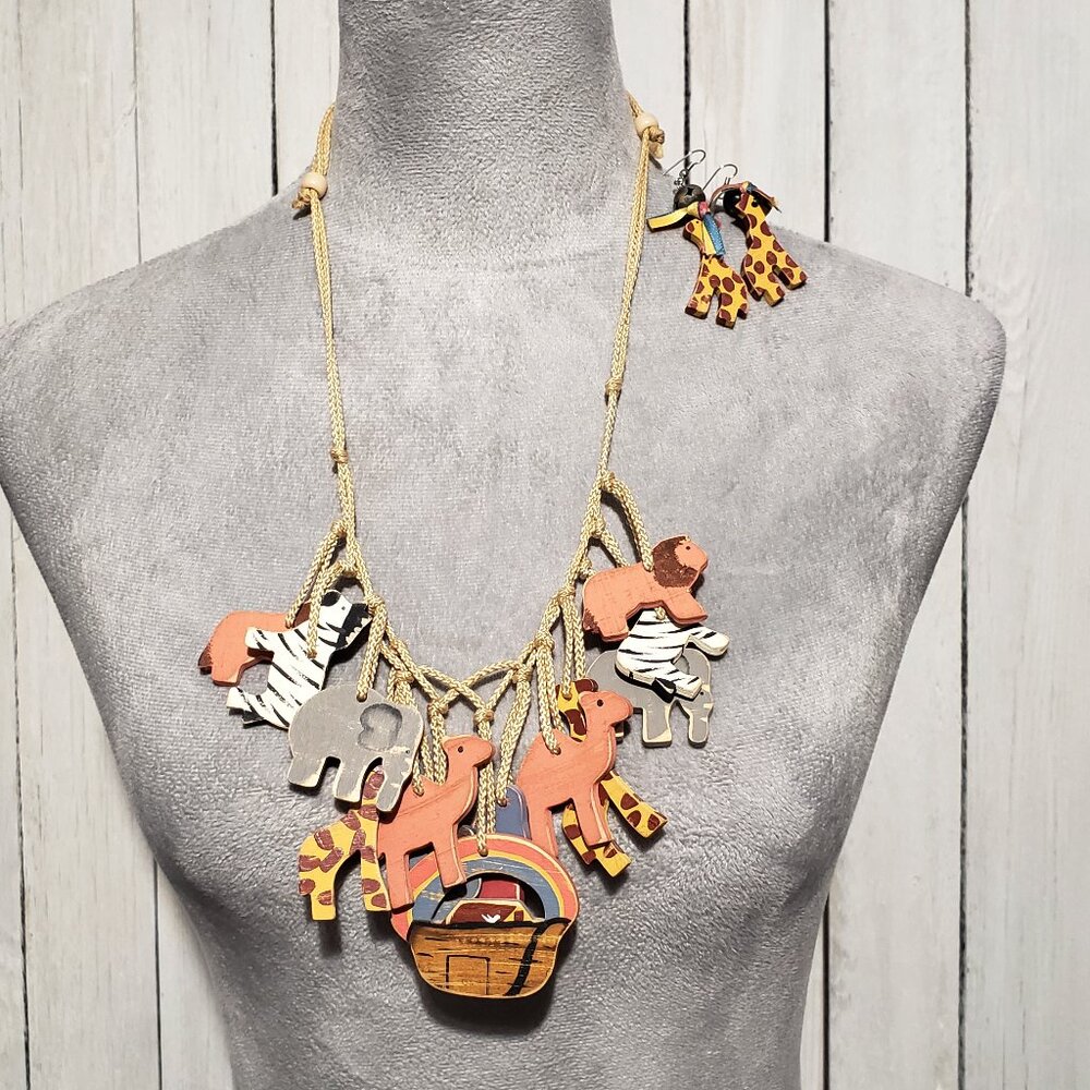 Noah's Ark Statement Necklace Earrings Set Wooden Painted Religious Christian